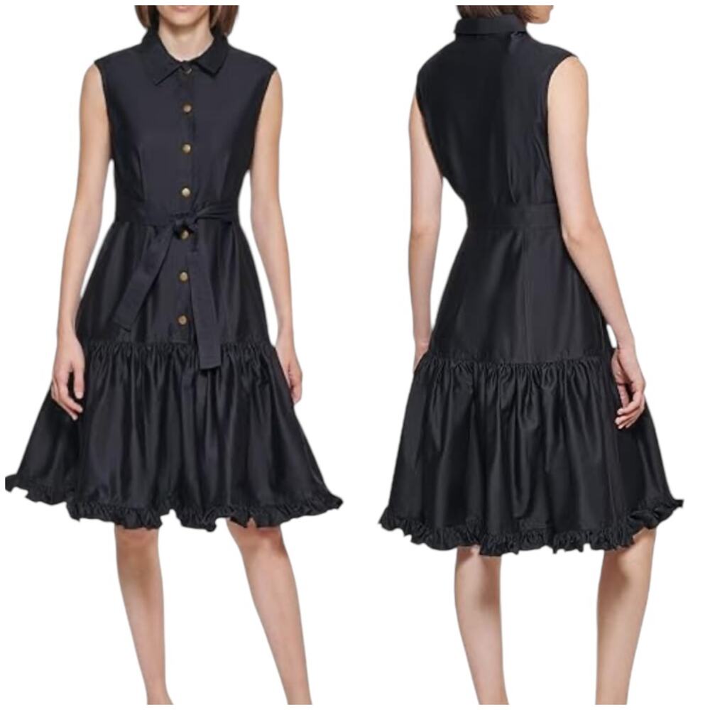 Calvin Klein NWT Ruffle Belted Button Front Shirt Dress Sleeveless Black Size 2